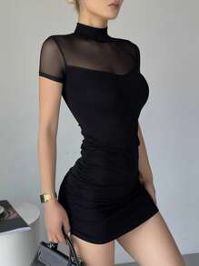 DAZY Women's Solid Color Contrast Mesh Draped Mini Dress With Pleated Design, Short Sleeve, Black - Black - View 4