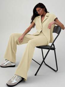 Aloruh Modern Lapel Short Sleeve Cinched Waist Metal Button Blazer + Long Straight Suit Pants In Fall/Winter - Yellow - View 5