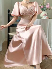 DAZY Women's Champagne Pink Lace Patchwork Square Neck Satin Crepe Elegant Mid-Length Dress,Summer Formal Wedding Ninang Prom Maxi Dresses Party Gown - Pink - View 8