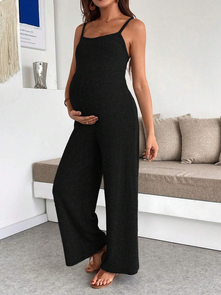 SHEIN Maternity Casual Solid Color Sleeveless Jumpsuit, Summer