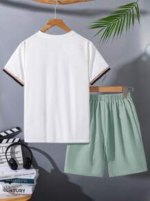 SHEIN Bộ 2 áo thun tay ngắn họa tiết ruy băng phong cách sinh viên thường ngày cho bé trai tuổi teen, thích hợp mặc đi làm, đi học, mặc thường ngày, thể thao, xuân/hè, tiệc tùng - Màu xanh Bạc hà - Xem 2