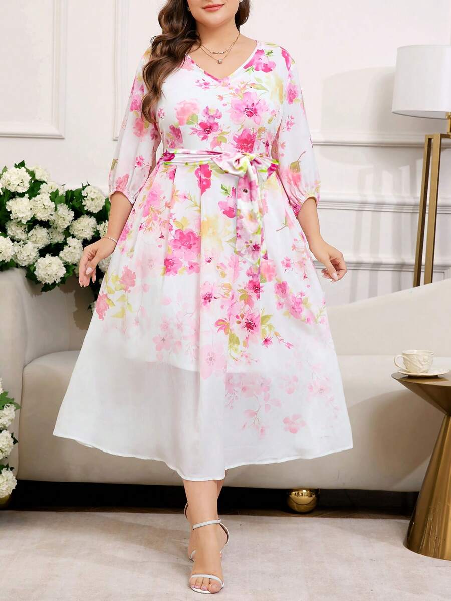 SHEIN Clasi Plus Size Summer Elegant Floral Print Dress Women Dresses Easter Women Long Dresses Women Maxi Dress Plus Size Dresses Spring Plus Size Spring Dresses Mother Day Mom Mother Mommy Mother's Day Mama Mum Mother's Day Gift Wedding Wedding Guest Dress Women Engagement Dress Wedding Guest Dress Western Dresses For Women Woman Easter Dress Elegant Floral Print Sleeveless Plus Size Dress,Summer Outfits For Women Summer Outfits For Women,Wedding Guest Dress Women - Multicolor - View 1