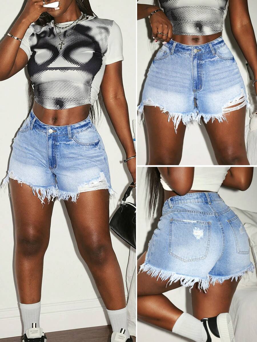 Slaydiva Damen Lässig Jeans Shorts mit niedriger Taille, Taschen und ausgefranstem Saum - Mittele Waschung - Übersicht 1