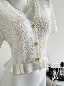 Chiquease Women's Graceful Hollow Out Short Sleeve Ruffled Cardigans, Lightweight Thin Open Front Top, Spring/Summer - White - View 4