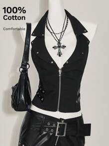 SHEIN ICON 女士无袖前拉链休闲上衣，日常穿着 - 黑色 - 查看 1