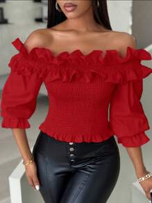 Xyvia 女士纯色露肩褶皱长袖休闲衬衫，适合新年穿着 - 紅色 - 查看 6