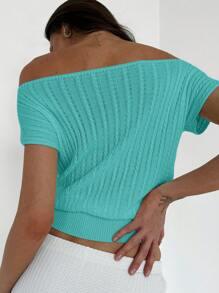 Aloruh 简约优雅露肩针织修腰女式 T 恤，百搭穿着 - 淺藍色 - 查看 5