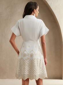 Anewsta 女士优雅度假拼色刺绣镂空刺绣衬衫领连衣裙，春夏装 - 黃色 - 查看 2