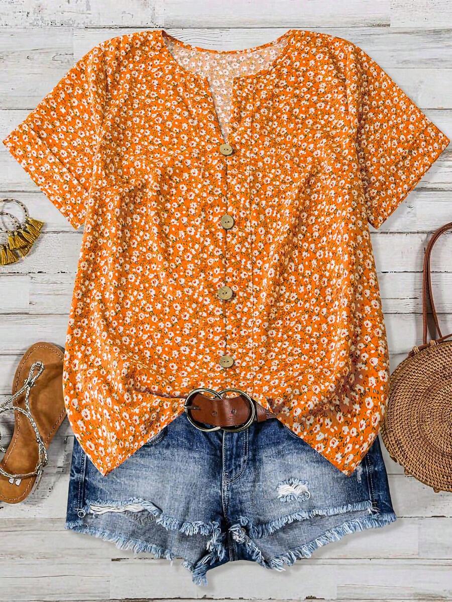 SHEIN LUNE 大码女式休闲浪漫橙色碎花衬衫，适合日常外出、休闲、度假和旅行 - 橘色 - 查看 1
