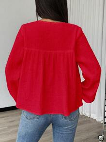 Chiquease Áo cánh buộc trước tay đèn lồng màu trơn đơn giản thời trang rộng rãi cho nữ - Đỏ - Xem 2