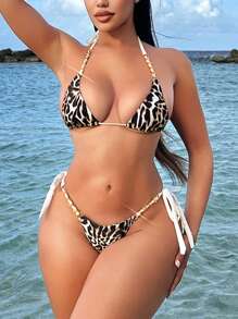 Swim Vcay 2pcs/Set Women Leopard Print Metal Chain Decor Bikini Set, Two Pieces Swimwear For Summer Beach Vacation - Multicolor - View 3