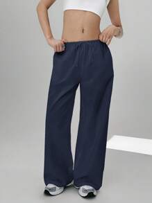 Easelle 女士休闲百搭海军蓝梭织直筒裤 - 藏蓝色 - 查看 8