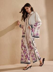 Graceveil 2 件套：女式长袖花卉印花衬衫和松紧腰裤，春夏季