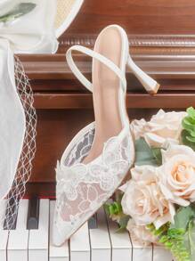 CUCCOO HITCHD 新款夏季女士尖头蕾丝刺绣蝴蝶高跟鞋，优雅甜美浪漫白色蕾丝高跟鞋，适合礼服/婚礼/派对穿着 - 白色 - 查看 1