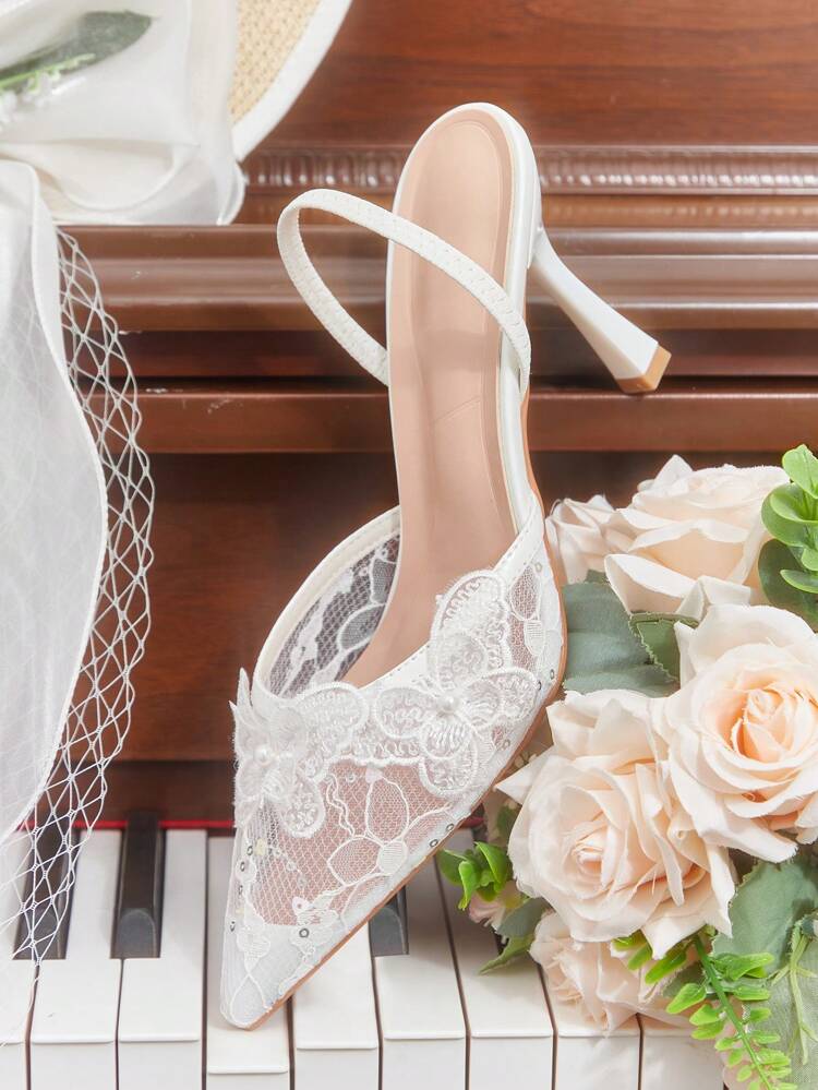 CUCCOO HITCHD Nuevos zapatos de tacón alto de mujer para verano con punta puntiaguda, bordados de encaje con mariposa. Elegantes y dulces tacones altos de encaje blanco románticos para vestidos, bodas y fiestas