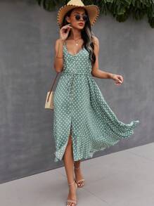 Breezaya Vestido de lunares con botones y cintura con cordón, vestido maxi de vacaciones estilo playa para mujer - Verde - Ver 5