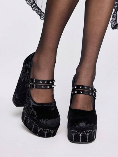 Goth Women's Rivet Embroidery Pattern High Heel Platform Pumps, Spring Autumn New Arrival