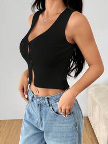 SHEIN PETITE Women Knit Camisole Top In Solid Color, Fashionable For Summer,Going Out Top - Black - View 6