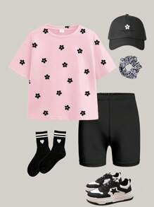 SHEIN Leap Crew Set 2 Potong Baju Pendek Lengan Pendek Kasual Sederhana untuk Anak Perempuan, Cocok untuk Musim Panas - MultiWarna - View 3