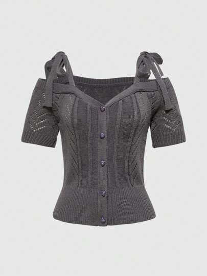 Kawaii Top court tricoté à épaules dénudées avec décoration de nœud papillon, style doux pour femmes