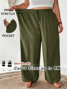 SHEIN CURVE+ Plus Size Summer Women Casual Beach Wear Fashion Office Lady Elegant Wide Leg Pants, Pocket Pants, Beach Holiday