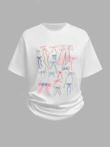 SHEIN 2pcs Youth Girl Set: Butterfly Print Loose Drop Shoulder T-Shirt & Black Cycling Shorts, Sweet & Casual Style - Black and White - View 3