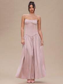 SHEIN BAE Women's Elegant Dusty Pink Satin Maxi Dress,Summer Suspenders Front Chest Gathered Large Skirt Prom Wedding Guest Dress,Wedding Ninang Clothing - Pink - View 3