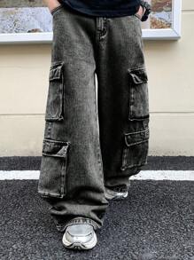 SHEIN Tween Boy Fashion Casual Y2k Black Denim Multi-Cargo Pockets Design Loose And Comfortable Black Jeans For Boy Soft Dailywear And The Four Seasonsr Kids Clothes - Black - View 5