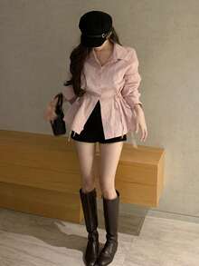 DAZY Blusa de manga larga con cintura ceñida y lazo lateral para mujer - Rosa - Ver 8