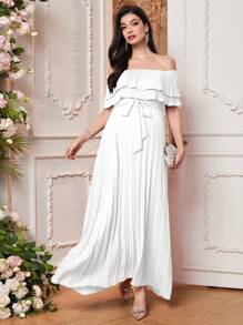 SHEIN 孕妇露肩蛋糕裙，优雅华丽的派对/约会连衣裙，带蝴蝶结细节，适合婴儿洗礼 - 白色 - 查看 4