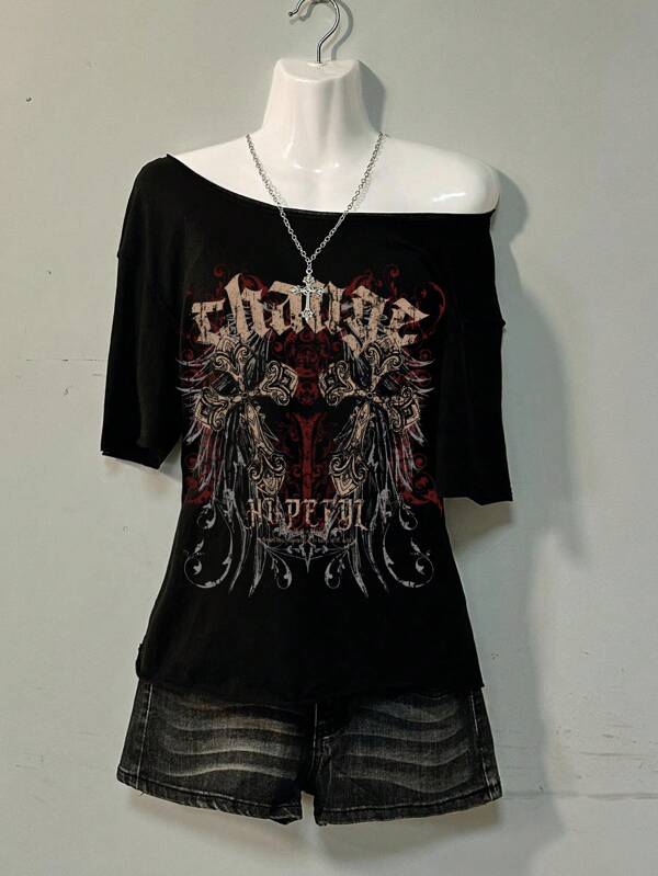 Attitoon Casual Minimalist Drop Shoulder Women T-Shirt, Suitable For Summer Casual, Punk, Vintage, Cross Print, Wing Print, Y2K Streetwear Suitable For Going Out