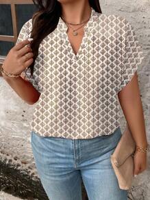 SHEIN LUNE Plus Size Women Elegant Wheat Allover Print V-Neck Loose Blouse