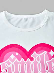 SHEIN Explorewe 2pcs/Set Teen Girl Casual Heart Print Short Sleeve T-Shirt And Skinny Shorts Set, Suitable For Spring/Summer Outdoor, School, Campus, College - Hot Pink - View 5