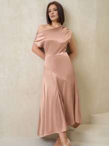 Amorya Women's Elegant Satin Pleated Asymmetrical Hem Midi Dress, Long Dress Summer Mother's Day Graduation Church Brunch - Dusty Pink - View 5