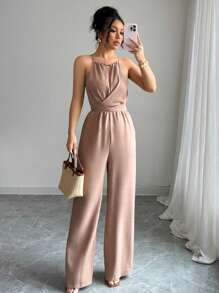 Elenzga Mono largo informal de mujer para primavera/verano de tela arrugada caqui con escote halter, cuentas en la cintura, diseño con botones y cordón
