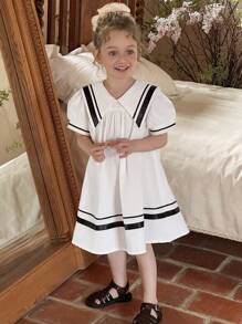 DAZY Girls Navy Style Loose Short Sleeve Dress, Fashionable School Summer - White - View 7