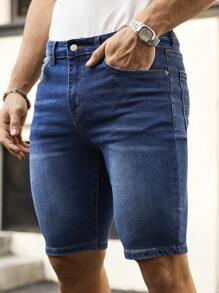 Manfinity Homme Pantaloni scurți din denim pentru bărbați, casual, spălați, cu buzunare oblice, croială slim, de vară - Spălare medie - Vizualizare 5