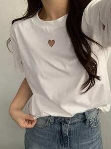 DAZY Women Loose Fit Heart Cutout Short Sleeve T-Shirt, Stylish Design