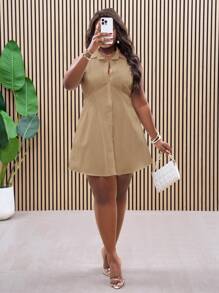 Slaydiva Plus Size Women's Elegant Office/Casual White Sleeveless Cinched Waist Shirt Dress, Spring/Summer,Sun Dresses For Women