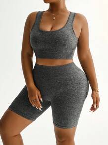SHEIN Sports 大码女士无缝运动胸罩和短裤套装 - 深灰色 - 查看 4