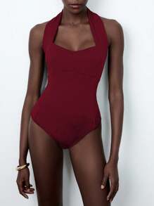 Lumivelle 女士纯色弹性露背连体衣，简约性感 - 酒紅色 - 查看 4