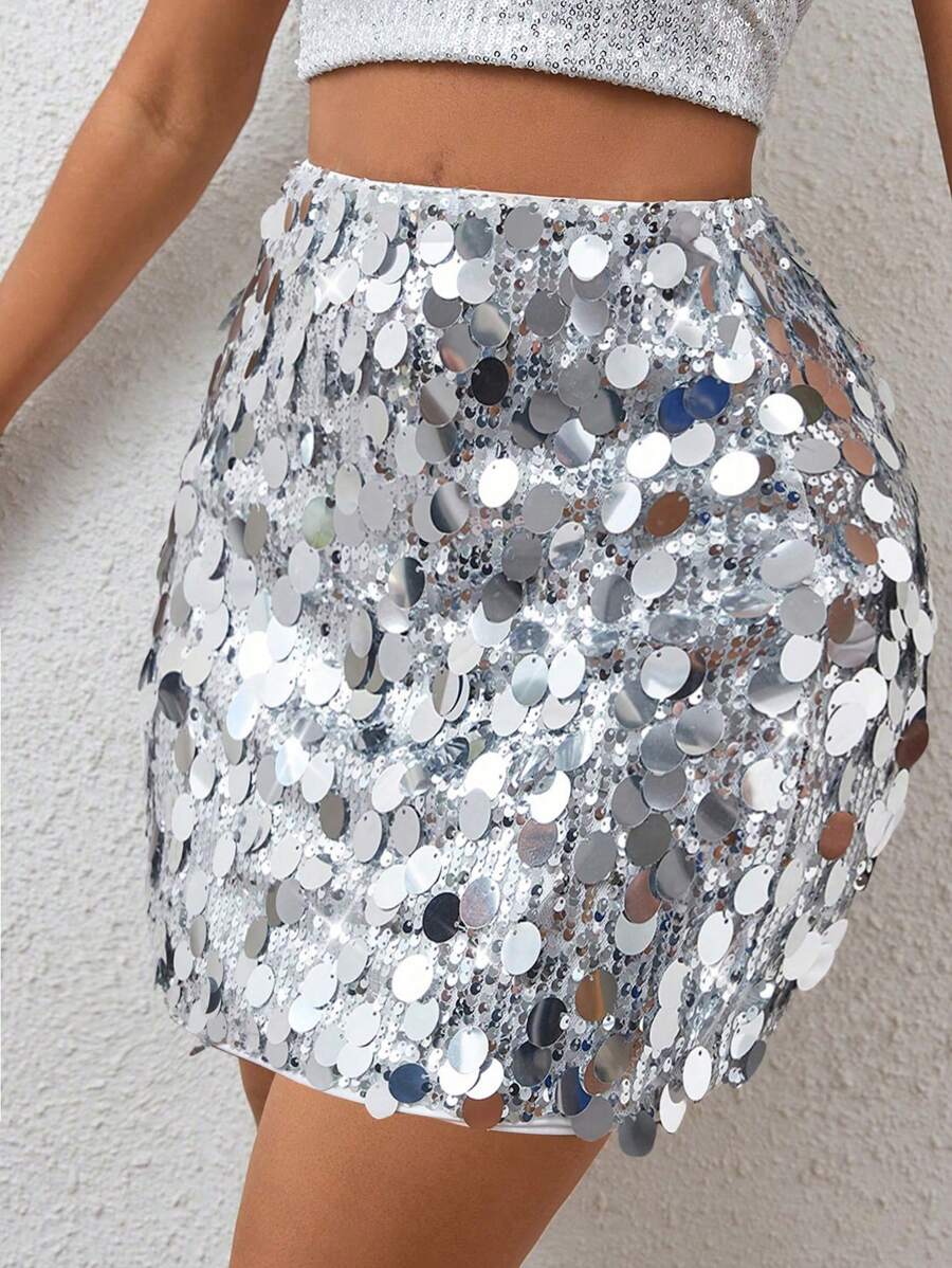 SHEIN Tall Women's Silver Sequin High-Waist Glamorous Fashion Mini Skirt - Silver - View 1