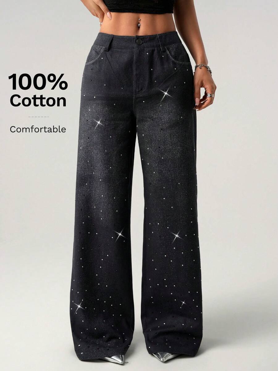 SHEIN ICON Y2K Low-Waist Straight-Leg Jeans With Denim Effect Print And Crystal Embellishments - Black - View 1