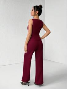 SHEIN PETITE 女士纯色圆领单排扣背心和裤子优雅通勤套装，夏秋季女装女套装办公室装商务休闲女两件套秋季女装办公室装女套装女式西装套装 - 酒紅色 - 查看 2