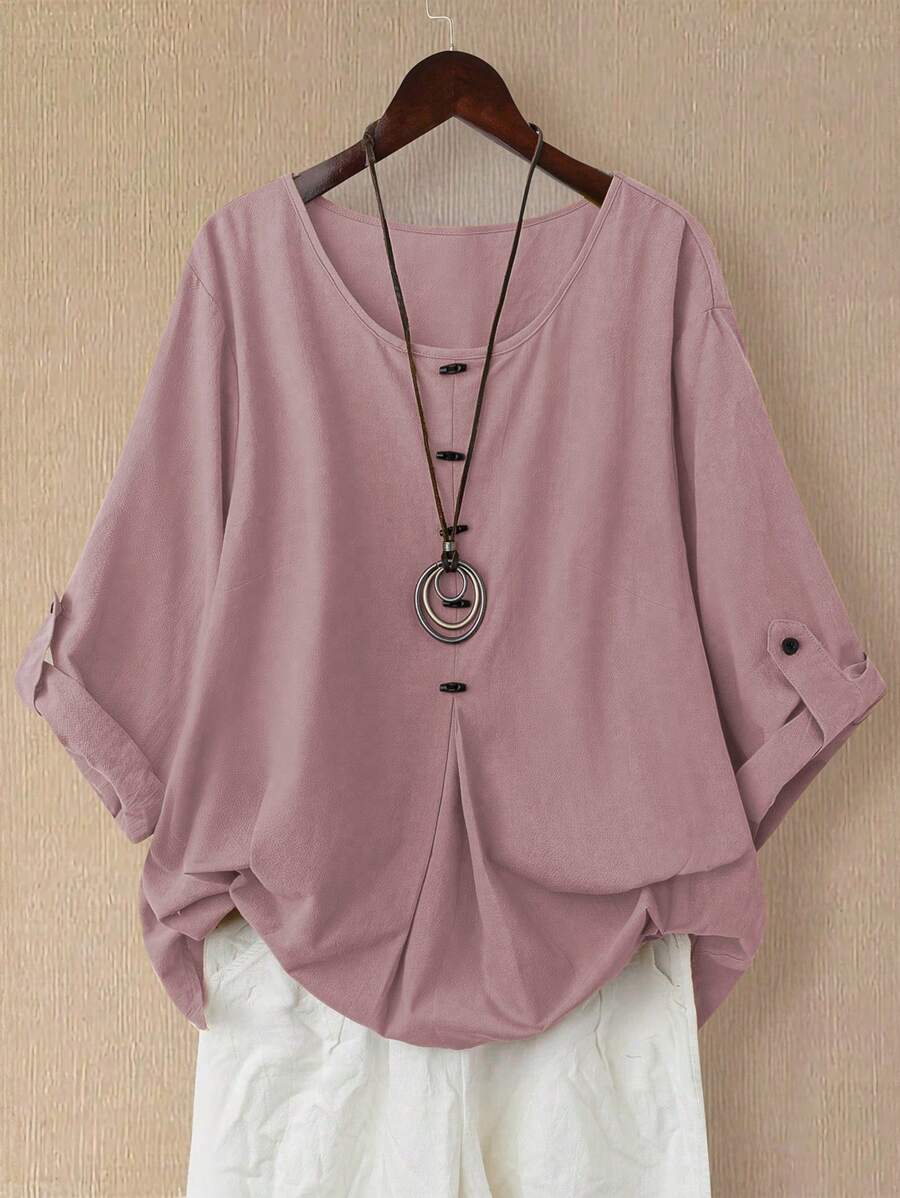 EMERY ROSE Women's Asymmetrical Hem Linen Long Sleeve Shirt, Spring/Summer - Baby Pink - View 1