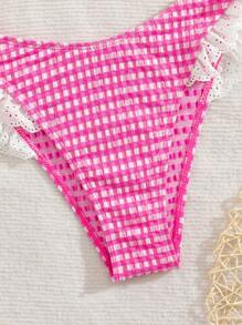 SHEIN Swim Cute Pink Plaid Ruffle Strap Swimsuit, Swimwear For Women, Summer - Multicolor - View 3