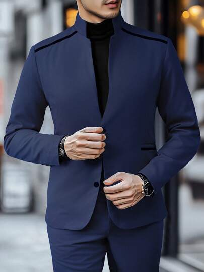 Manfinity Bizformal Conjunto de traje de negocios para hombre, de color liso, de manga larga y botonadura sencilla, con chaqueta y pantalón, para viaje de negocios