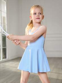 SHEIN Young Girls Clothing High Elasticity 4-Season Sportswear, Fashion Stretchy Fitness Outdoor Sports Yoga Gymnastics Running Cycling Basketball Soccer Tennis Badminton, With Pocket Anti-Flashing Leggings Skirt Elastic Snug Fit One-Piece Activewear - Baby Blue - View 4