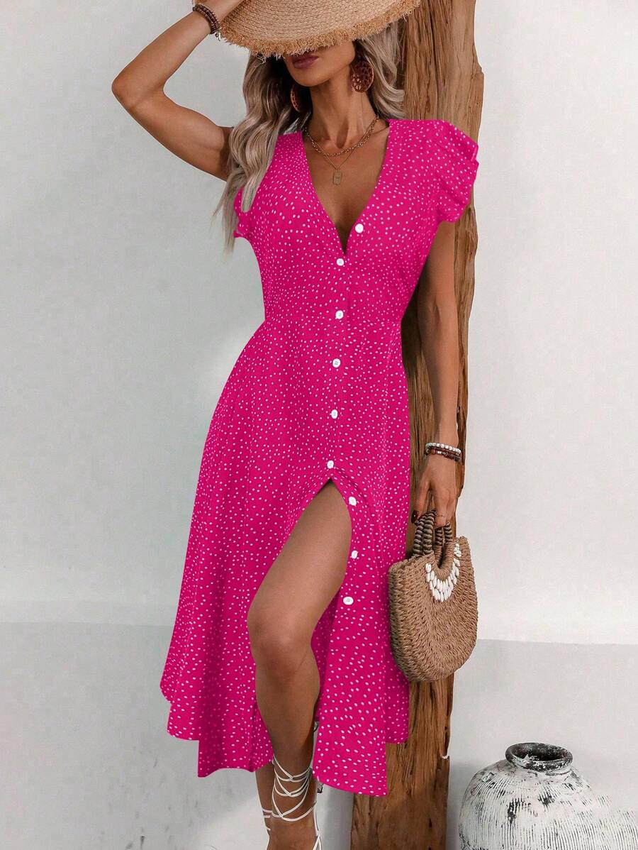 Breezaya Vestido corto de manga corta con cuello solapa y estampado de lunares, ideal para vacaciones