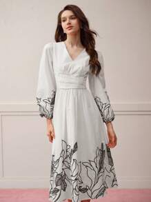 MOTF PREMIUM V-NECK FLORAL EMBROIDERED DRESS,VALENTINE'S DAY OUTFIT - White - View 5